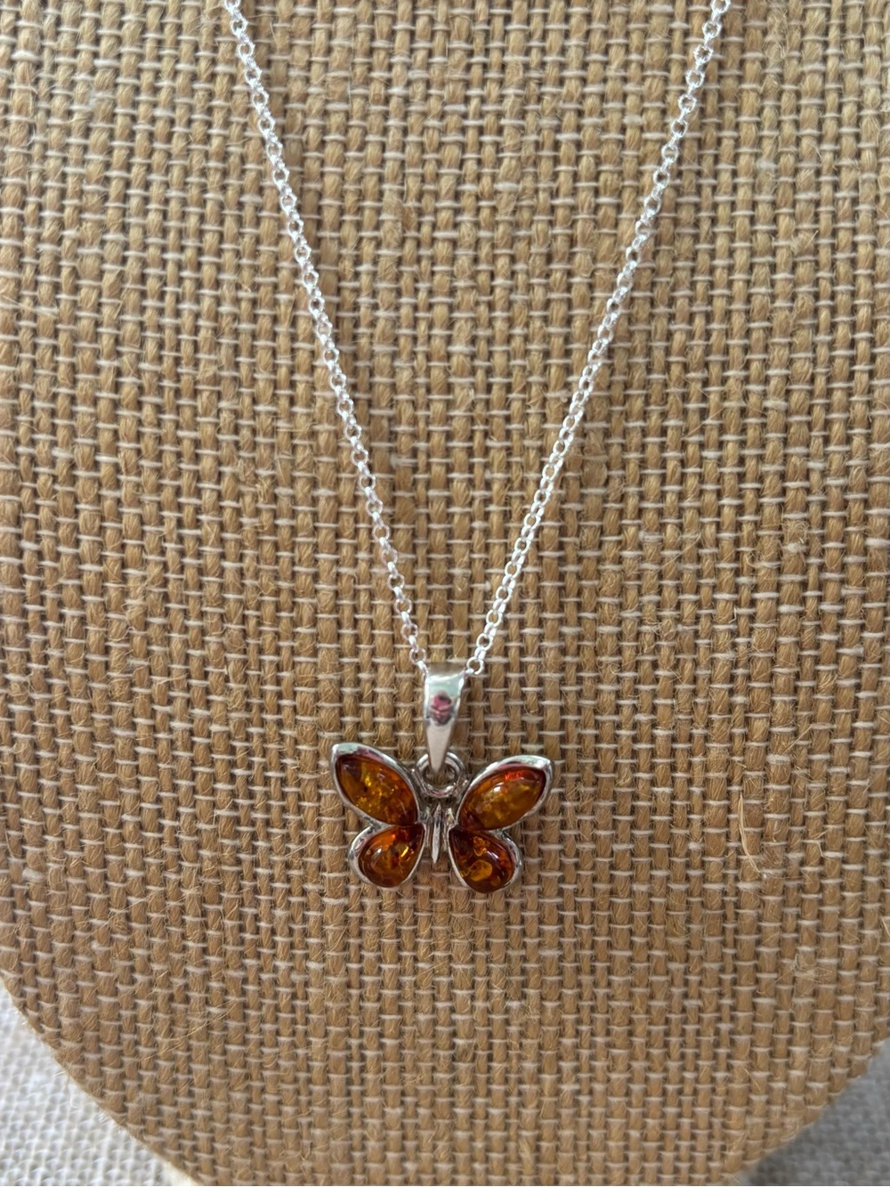 Dainty Sterling Silver Amber Butterfly Pendant Necklace - 18” Rolo Chain